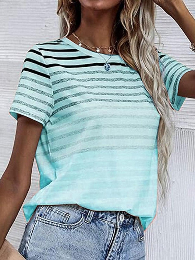 Women's T Shirt Casual Striped Print Short Sleeve Regular