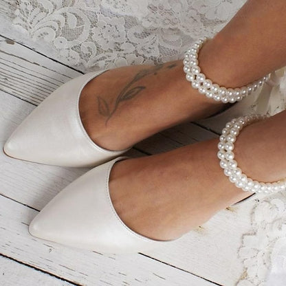 White Bridal Strap Elegant Flats Women's Pearl Ankle –
