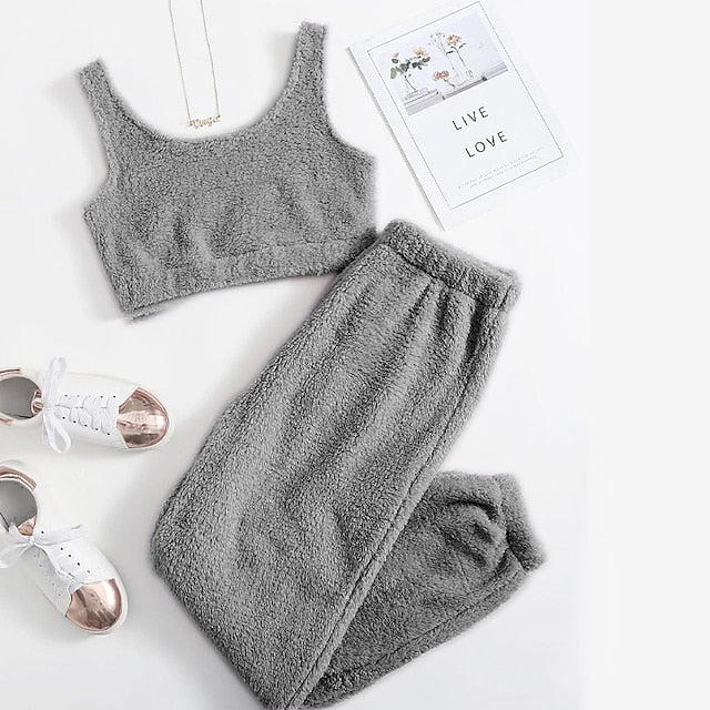 Solid Fuzzy Lounge Set Warm Tank Crop Top & Elastic