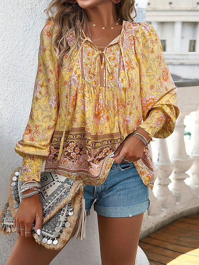Women's Shirt Blouse Patchwork Print Floral Graphic Bohemia