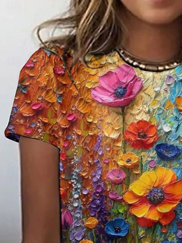 Women's T Shirt Print Floral Color Block Casual Short