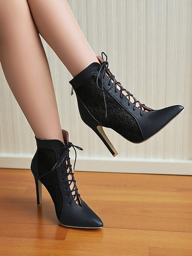 Women's Ankle White Booties Lace with Mesh Stiletto Heels