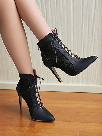Women's Ankle White Booties Lace with Mesh Stiletto Heels