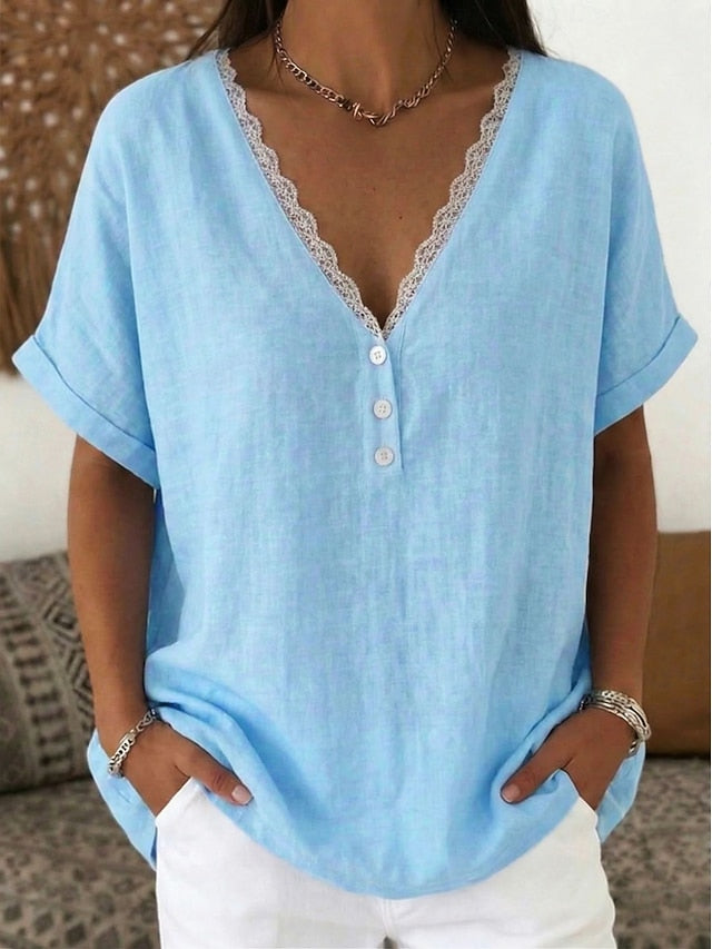 Women's Blouse Faux Linen Shirt Lace Patchwork Buttons