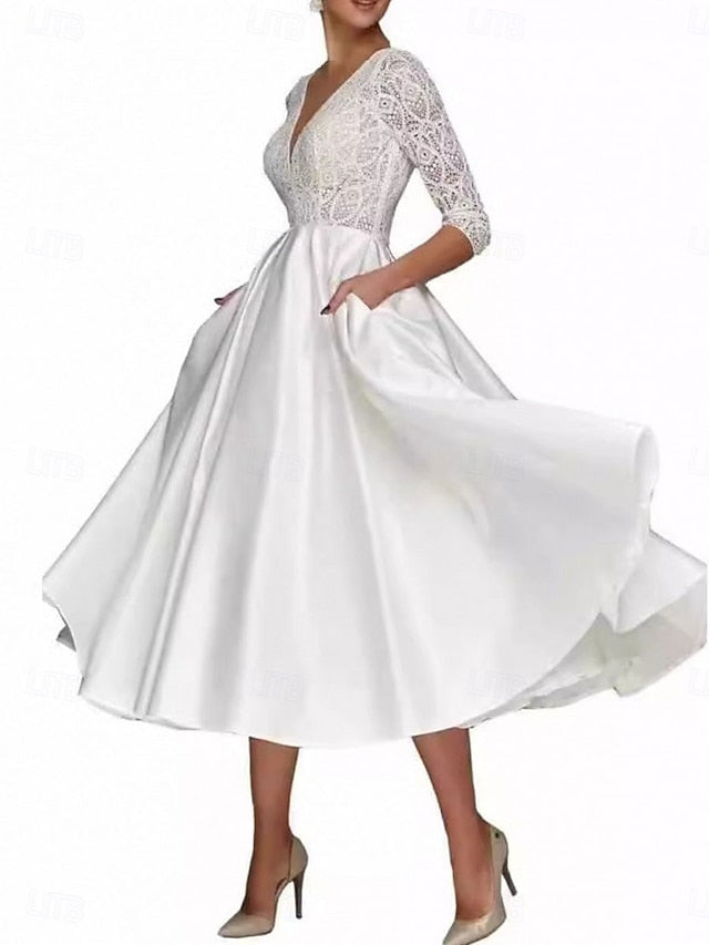 Tea Dress Neck Elegant A-Line the Mother Bride V Simple of