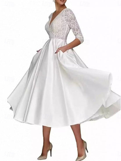 Tea Dress Neck Elegant A-Line the Mother Bride V Simple of
