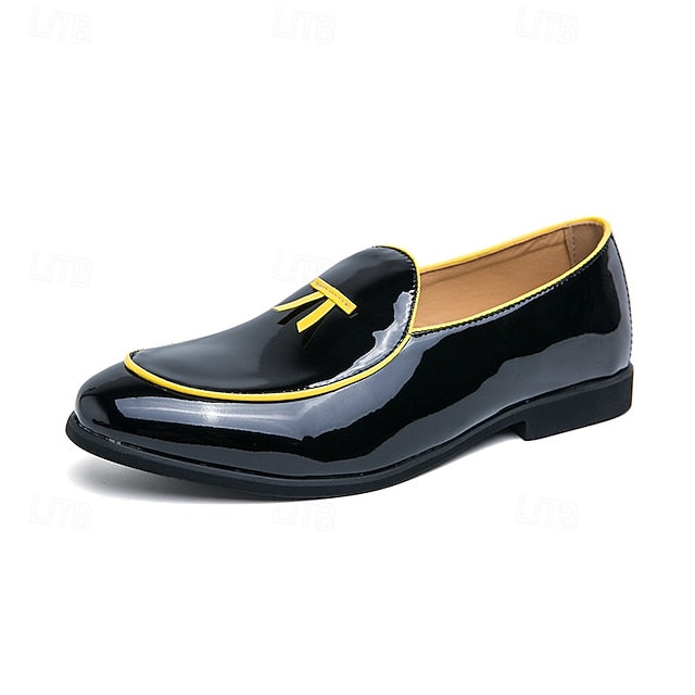 Patent Faux with Trim Loafers Yellow Men's Leather Black