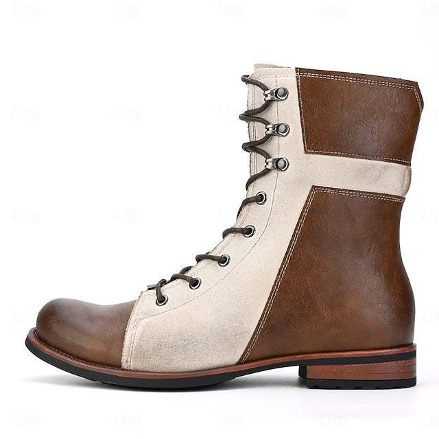 Faux Two-Tone Boots Vintage Lace-Up Mid-Calf Men's Leather
