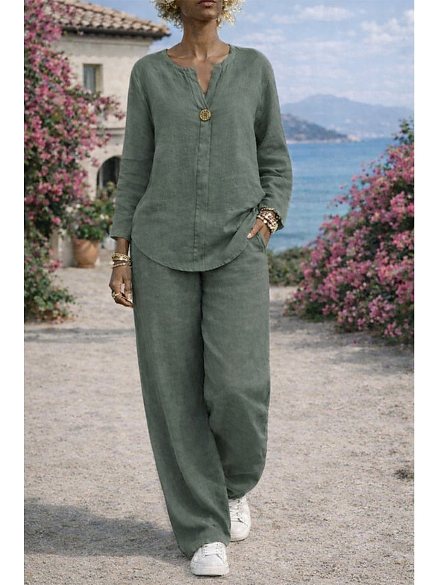 Women's Shirt Two Piece Sets Faux Cotton Linen Linen Pants