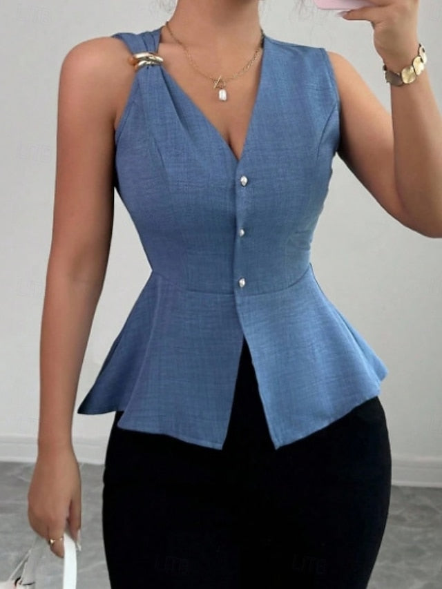 Women's Shirt Blouse Sleeveless Shirt Buttons Plain Stylish