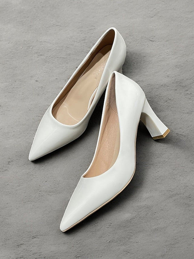 Green Leather Glossy Pumps Patent Heel Faux Block Pointed-Toe