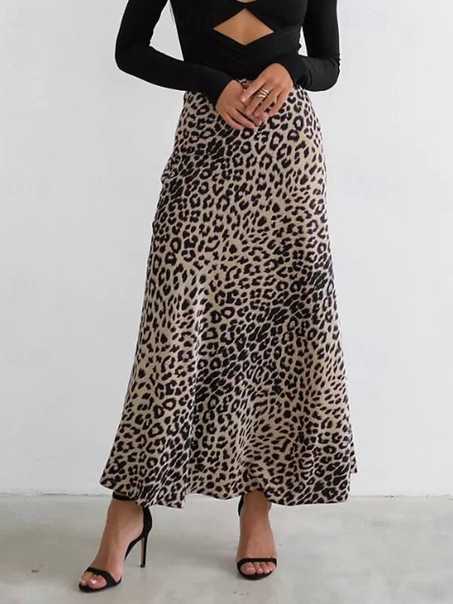 Women's Fashion Sexy Maxi High Waist Skirts Leopard Ruched