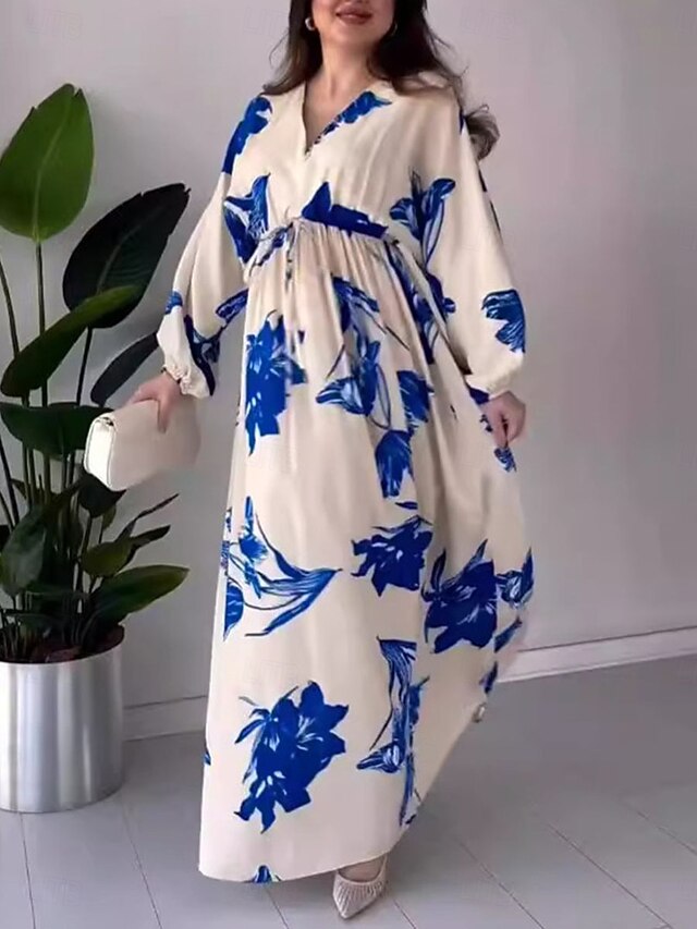 Women's Floral V Neck Maxi Dress Long Sleeve Summer Spring