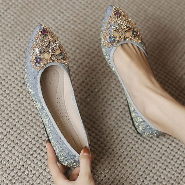 Floral Embellished Women's Flats - Foldable Wedding Crystal