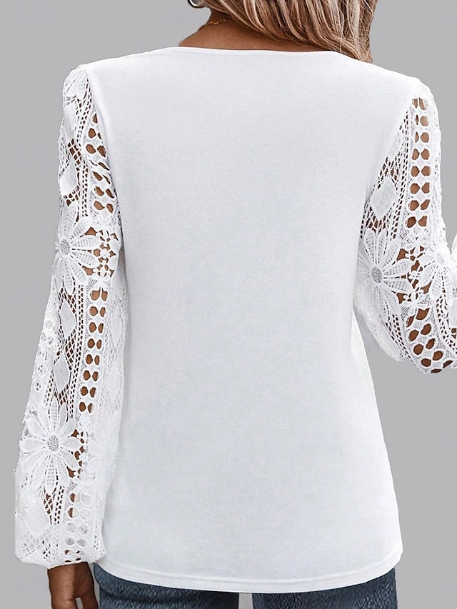 Women's White Elegant Lace Tops Eyelet Blouse Casual Solid