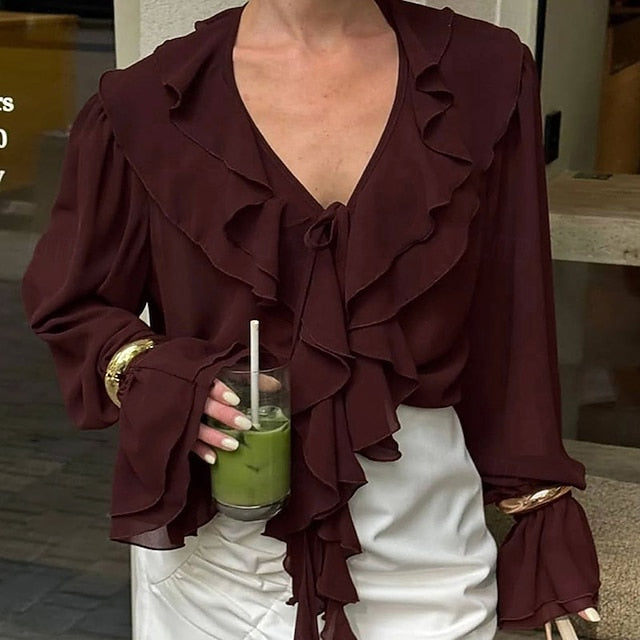 Ruched Tops Satin Chiffon Women's Top Elegant Blouse Ruffle