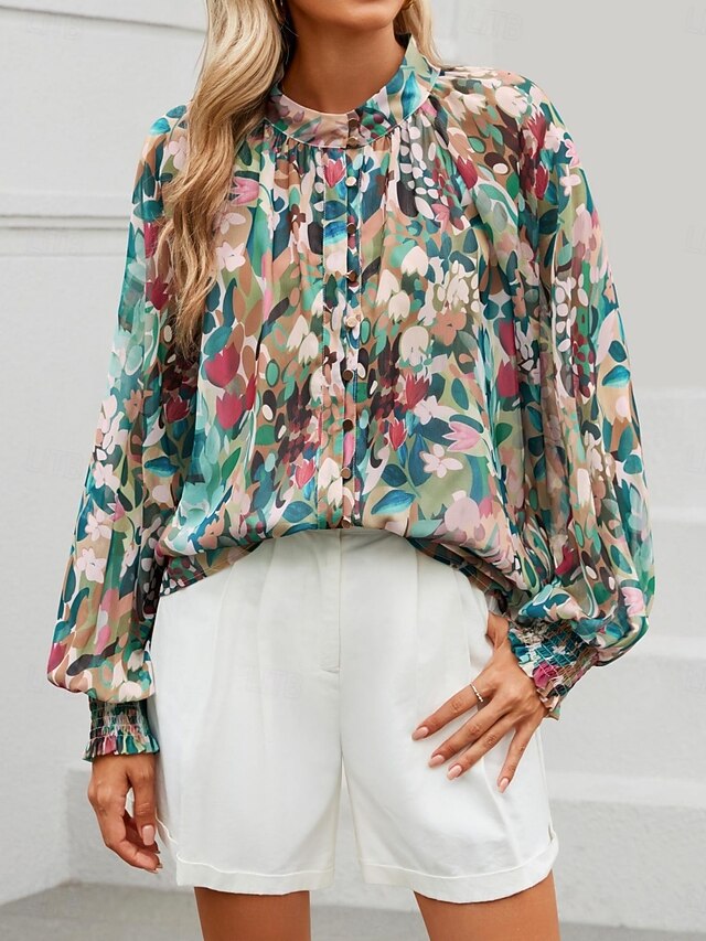 Women's Blouse Buttons Print Graphic Color Block Stylish