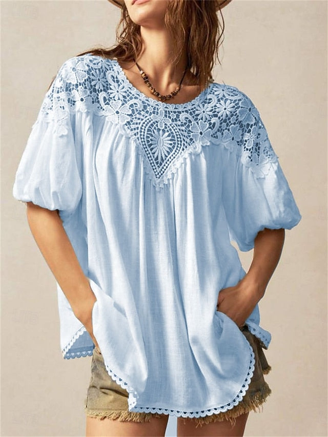 Women's Summer Tops Blouse Lace Tops Ruched Lace Patchwork
