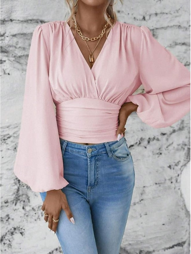 Women's Blouse Stylish Modern Solid Color Ruched Bell