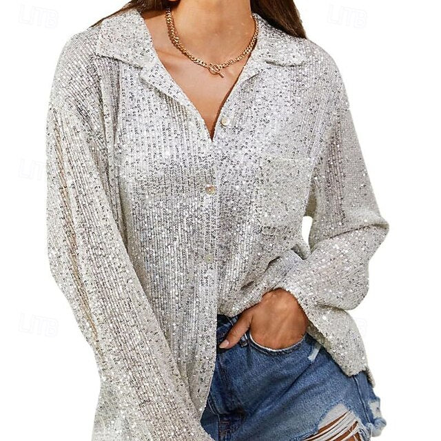 Women's Shirt Sequin Tops Sequins Buttons Plain Vintage