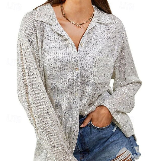 Women's Shirt Sequin Tops Sequins Buttons Plain Vintage