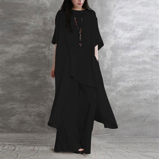Women's Shirt Pants Sets Long Cotton Top Wide Leg Pants
