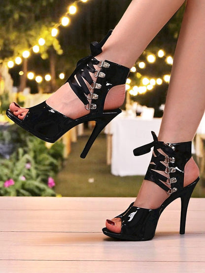 Women's Sexy - Patent Stiletto Lace-Up Sandals Cutout Black