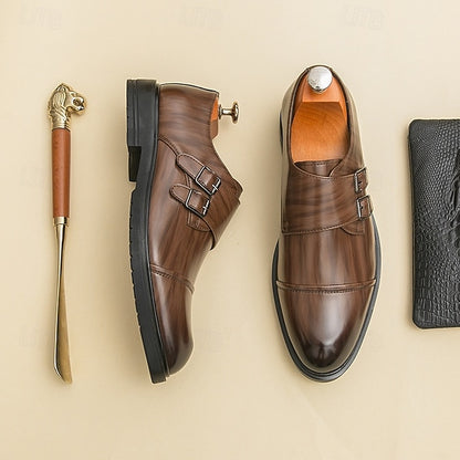Strap Leather Shoes Double Men's Monk Brown Faux