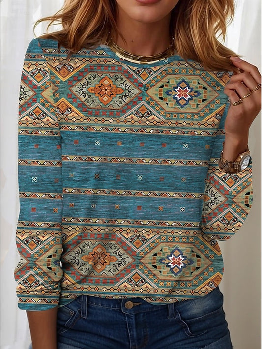 Women's T shirt Crew Neck Long Sleeve Tunic Vintage Modern
