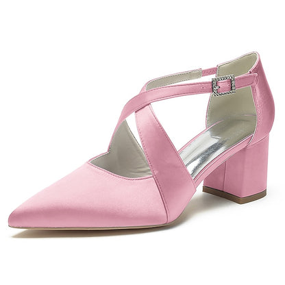 Satin Elegant Toe – White Women's Heels Block Pointed