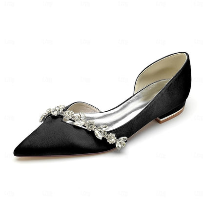 and Wedding Flat with Pointed Toe Shoes White Satin Crystal