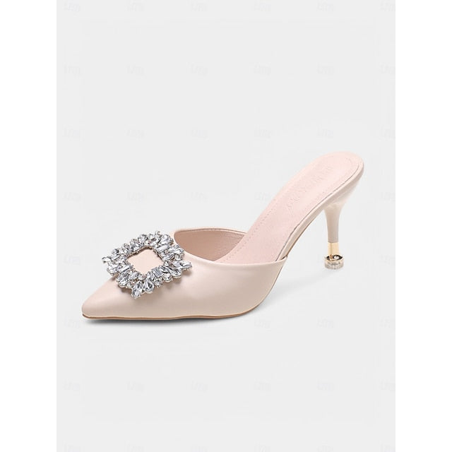 with Toe Light Blue Pointed Mules Women's Crystal Buckle