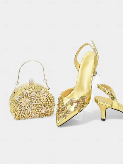 Embellished with Heels Slingback – Matching Gold Handbag