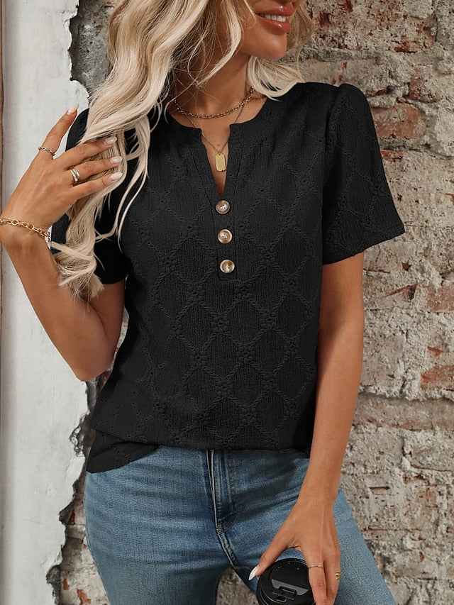 Women's T Shirt Tee Top Buttons Plain Fashion Stylish