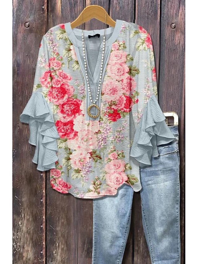 Women's Blouse V Neck Layered Ruffle Sleeve Tops Floral