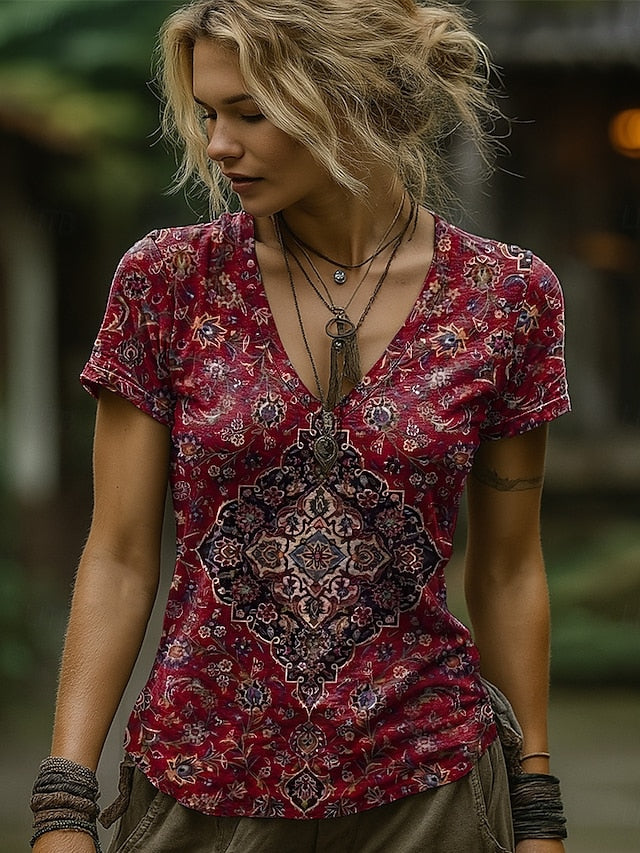 Women's Boho T Shirt Floral Graphic Paisley Bohemia Vintage