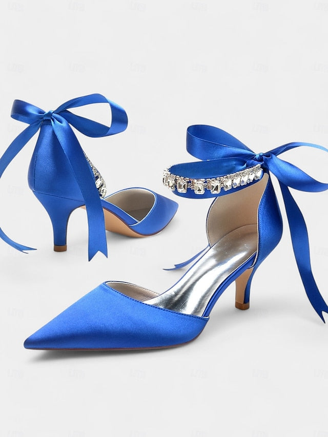 Ankle Rhinestone Blue Heels with Pointed-Kitten and Strap Satin