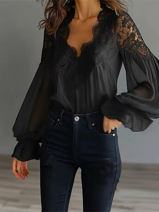 Women's Lace Shirt Blouse Lace Patchwork Solid Color