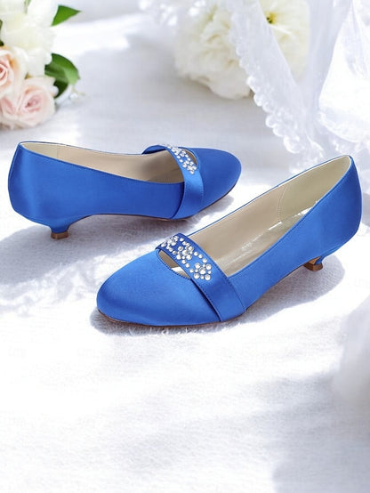 with Kitten Heels Women's Blue Satin Rhinestone