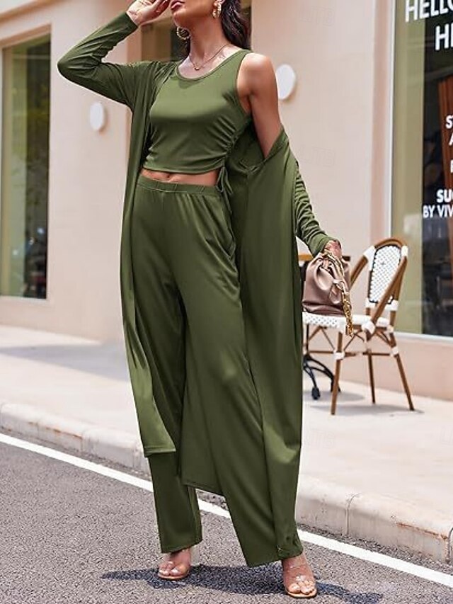 Women's Pants Sets Long Sleeve Round Neck Solid Color