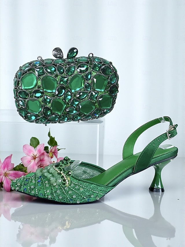 Green Women's Set Rhinestone Clutch Heel Bag and - Shoes