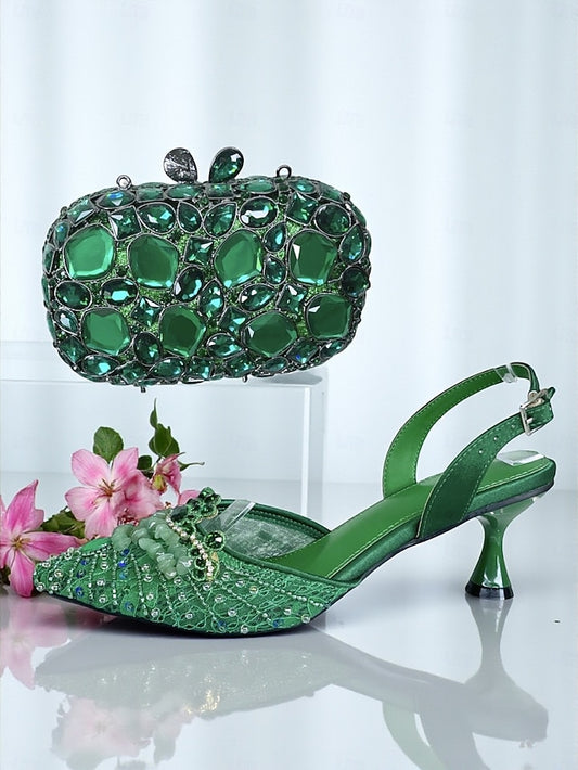 Green Women's Set Rhinestone Clutch Heel Bag and - Shoes