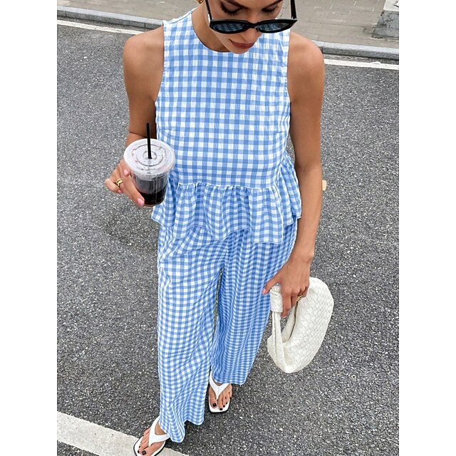 Women's Pants Sets Bolero Top Sleeveless Crew Neck Plaid