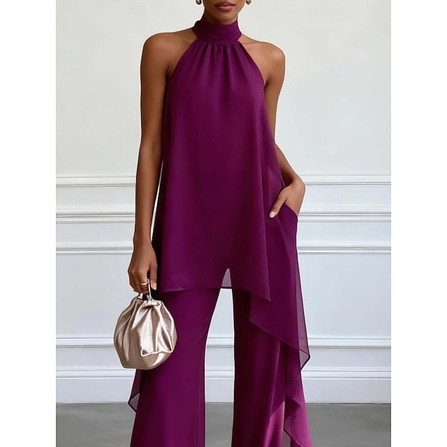 Women's Chiffon Sleeveless Halter Neck Solid Color Elegant