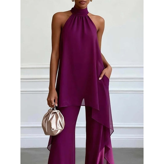 Women's Chiffon Sleeveless Halter Neck Solid Color Elegant