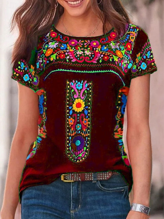 Women's T Shirt Peasant Blouse Floral Bohemia Active