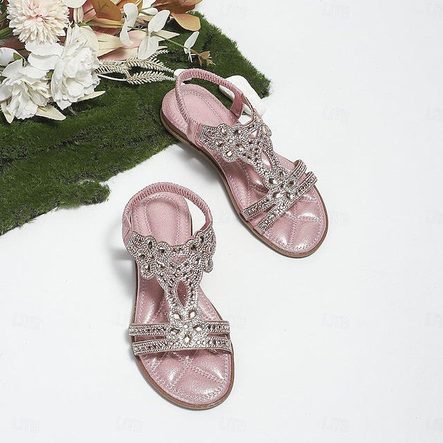 Boho Silver – Rhinestone Sandals Flat T-Strap Women's