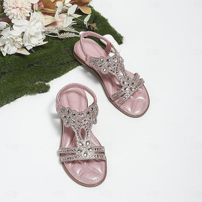 Boho Silver – Rhinestone Sandals Flat T-Strap Women's