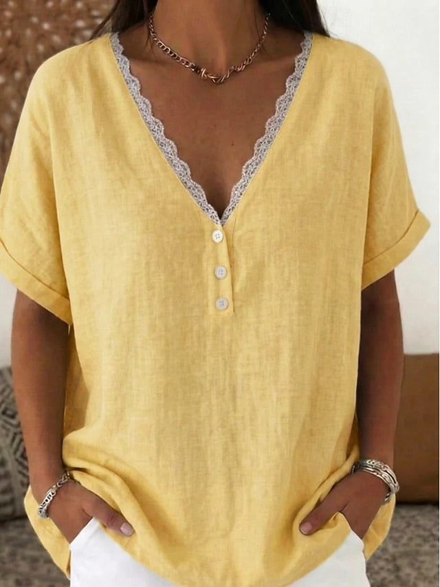 Women's Blouse Faux Linen Shirt Lace Patchwork Buttons