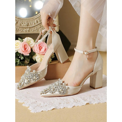 Women's and Embellished Pearl Block Rhinestone Wedding Heel